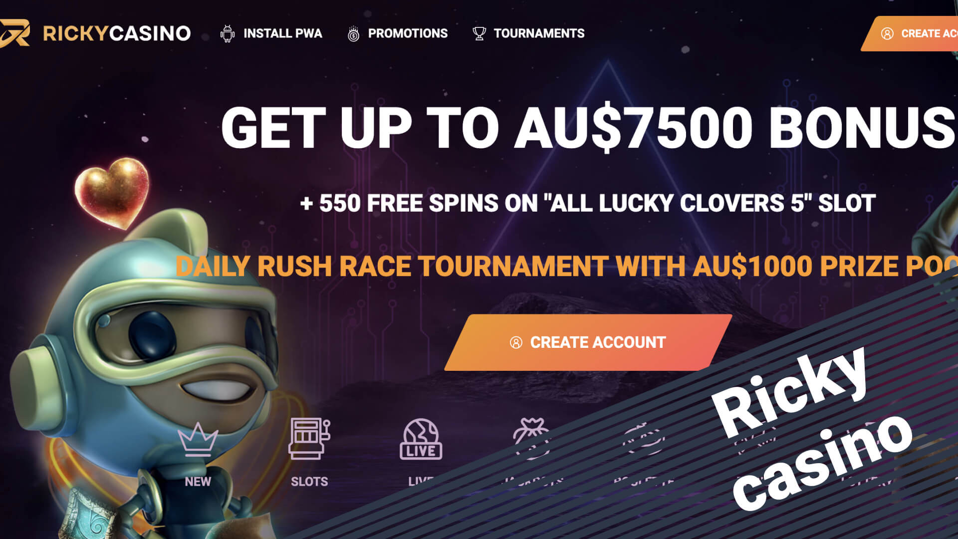 Ricky Casino lobby interface showing game tiles and promotional banners